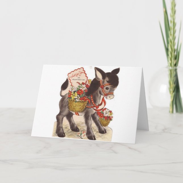 Vintage Retro Sweet Little Donkey Valentine's Day Holiday Card (Front)
