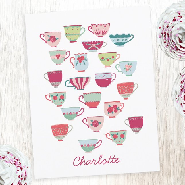 Vintage Retro Teacup Personalized Name Postcard (Retro vintage teacup personalized post card)