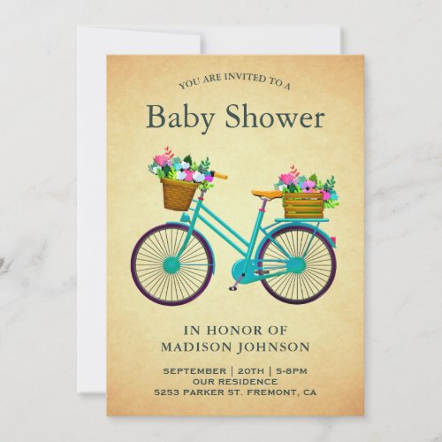 Vintage Retro Teal Floral Bicycle Baby Shower Invitation
