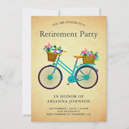 Vintage Retro Teal Floral Bicycle Retirement Party Invitation