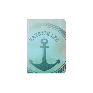Vintage Retro Teal Nautical Anchor Custom Name Passport Holder