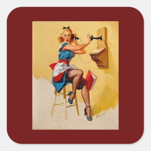 Vintage Retro telephone pin up Girl Square Sticker