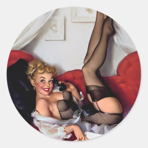 Vintage Retro Telephone Pinup girl Classic Round Sticker