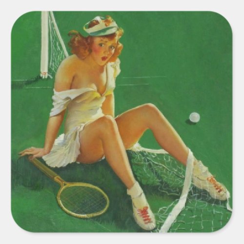 Vintage Retro Tennis Pinup Girl Square Sticker