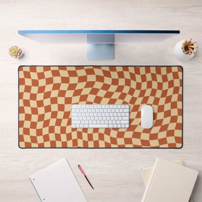 Vintage Retro Terracotta Wavy Checkered Pattern Desk Mat (Office 1)