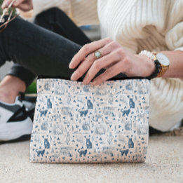 Vintage Retro Toile Pattern Cat Catnip White Blue Accessory Pouch