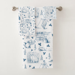 Vintage Retro Toile Pattern Cat Catnip White Blue Bath Towel Set