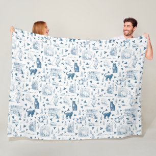 Vintage Retro Toile Pattern Cat Catnip White Blue Fleece Blanket