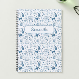 Vintage Retro Toile Pattern Cat Catnip White Blue Notebook