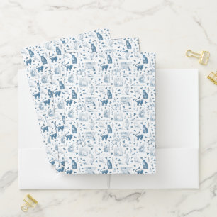 Vintage Retro Toile Pattern Cat Catnip White Blue Pocket Folder