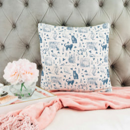 Vintage Retro Toile Pattern Cat Catnip White Blue Throw Pillow