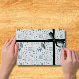 Vintage Retro Toile Pattern Cat Catnip White Blue Wrapping Paper Sheets