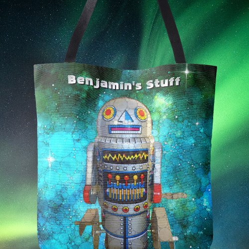Vintage retro toy robot in galaxy add your name tote bag