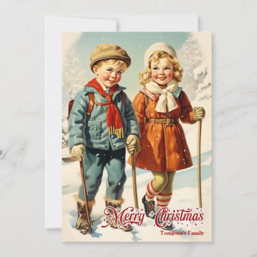 Vintage retro traditional kids in snow mountain holiday card