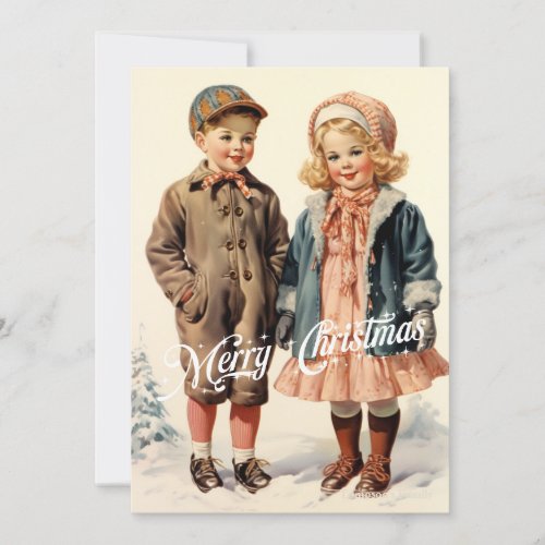 Vintage retro traditional kids in snow mountain holiday card