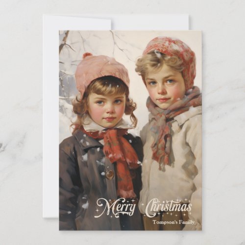 Vintage retro traditional kids in snow mountain holiday card