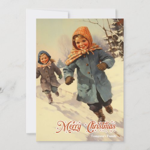 Vintage retro traditional kids play snow mountain holiday card