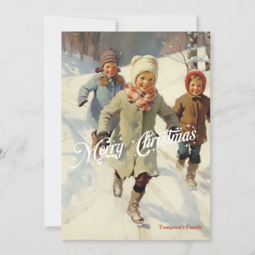 Vintage retro traditional kids playing in snow holiday card