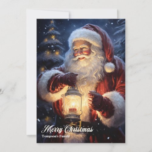 Vintage retro traditional Santa Claus with lantern Holiday Card