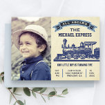 Vintage Retro Train Kids Birthday Party Invitation<br><div class="desc">Amaze your guests with this cute train theme birthday invitation featuring a vintage blue steam engine with eye catching typography against a parchment background. Simply add your event details on this easy-to-use template and adorn this card with your child's favorite photo to make it a one-of-a-kind invitation. Flip the card...</div>