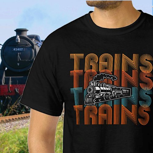Vintage Retro Trains Text Steam Engine Locomotive  T_Shirt