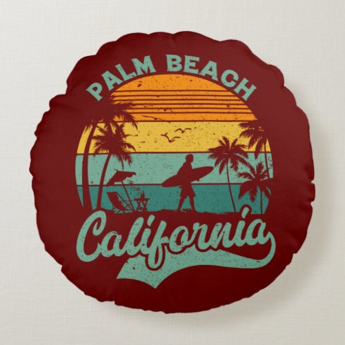 Vintage Retro Tropical Palm Beach California Round Pillow