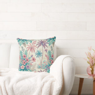 Vintage Retro Tropical Palm Tree & Floral Garden Throw Pillow