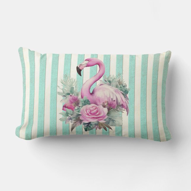 Vintage Retro Tropical Pink Flamingo Roses Lumbar Pillow (Front)