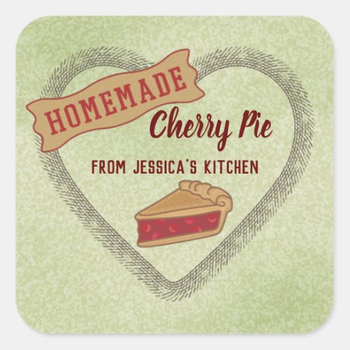 Vintage retro typography homemade cherry pie heart square sticker