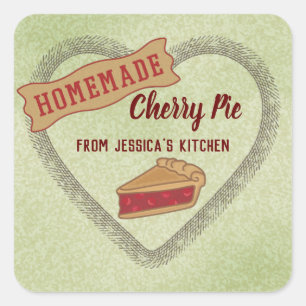 Vintage retro typography homemade cherry pie heart square sticker