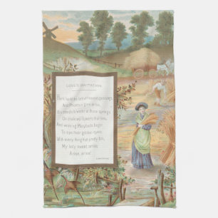 Vintage Retro Valentine, Country Farm Landscape Kitchen Towel