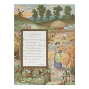Vintage Retro Valentine, Country Farm Landscape Poster