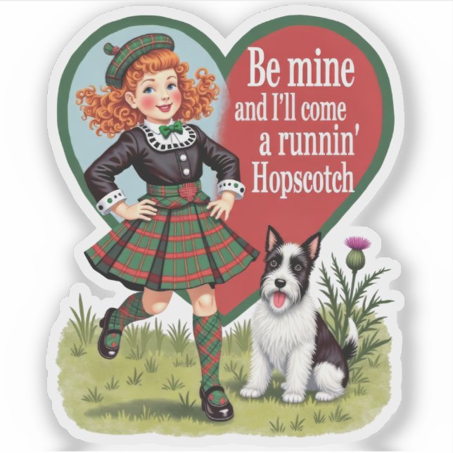 Vintage Retro Valentine Hopscotch Girl and Dog Sticker (Front)