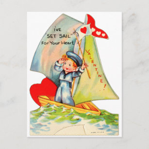 Vintage Unused Children's Novelty Valentine Greeting Card with Yellow Duck in Sailor Suit Sailing on Boat Sailboat