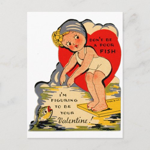Vintage Retro Valentine Kitsch Poor Fish Girl Holiday Postcard