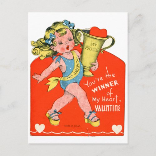 Vintage Retro Valentine Winner of My Heart Girl Holiday Postcard