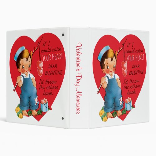 Vintage Retro Valentines Day Boy Fishing Hearts 3 Ring Binder
