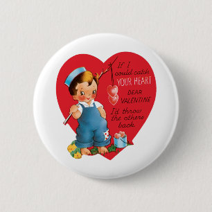 Vintage Retro Valentine's Day, Boy Fishing Hearts Button