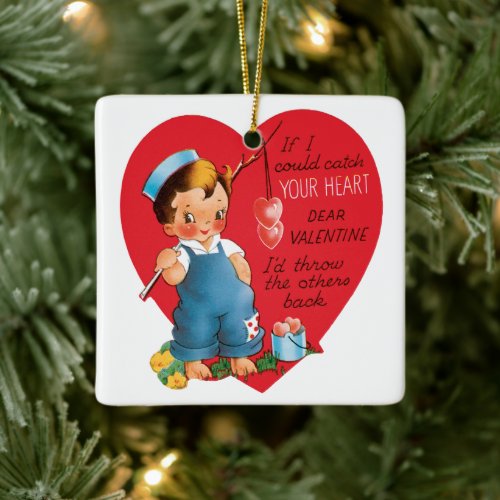 Vintage Retro Valentines Day Boy Fishing Hearts Ceramic Ornament