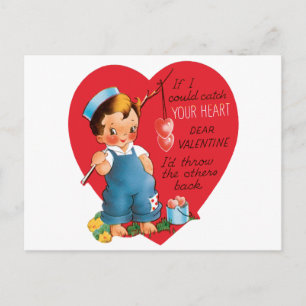 Vintage Retro Valentine's Day, Boy Fishing Hearts Holiday Postcard