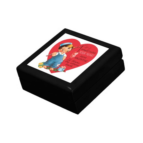 Vintage Retro Valentines Day Boy Fishing Hearts Jewelry Box