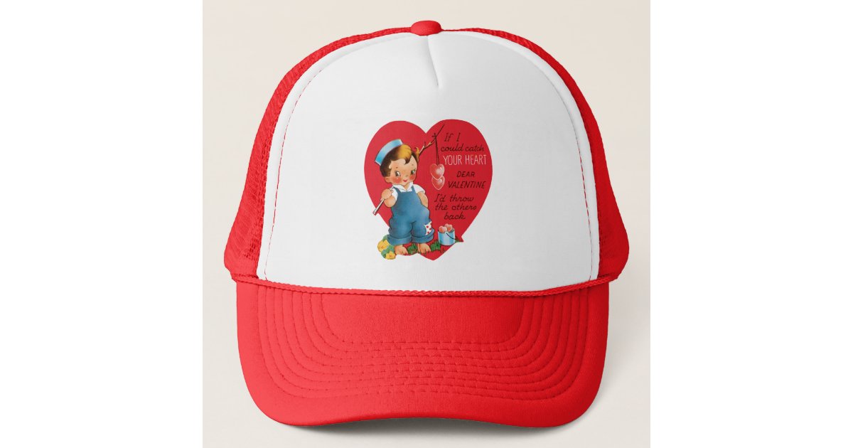 Vintage Retro Valentine's Day, Boy Fishing Hearts Trucker Hat