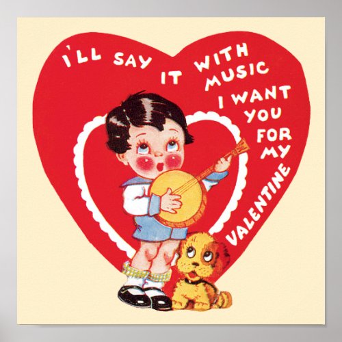 Vintage Retro Valentines Day Boy Music Banjo Poster