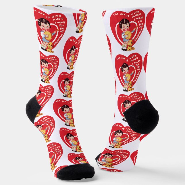 Vintage Retro Valentine's Day, Boy Music Banjo Socks (Angled)