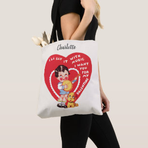 Vintage Retro Valentine's Day, Boy Music Banjo Tote Bag