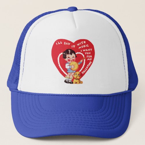 Vintage Retro Valentines Day Boy Music Banjo Trucker Hat