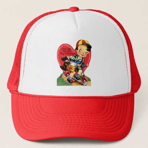 Vintage Retro Valentines Day Boy on a Scooter Trucker Hat