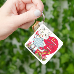 Vintage Retro Valentine's Day Cat Eating Ice Cream Keychain