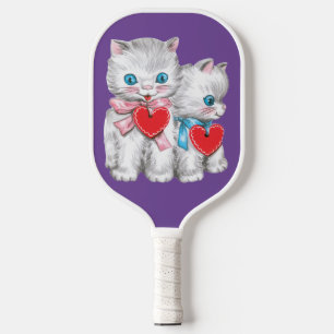 Vintage Retro Valentine's Day Cats, Cute Kitten Pickleball Paddle