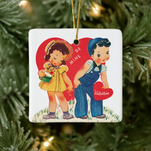 Vintage Retro Valentines Day Girl and Boy Hearts Ceramic Ornament